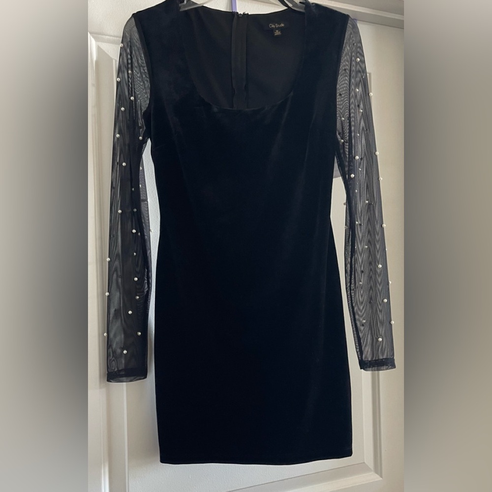 Black Velvet Mini Dress with Pearl-Studded Mesh Sleeves